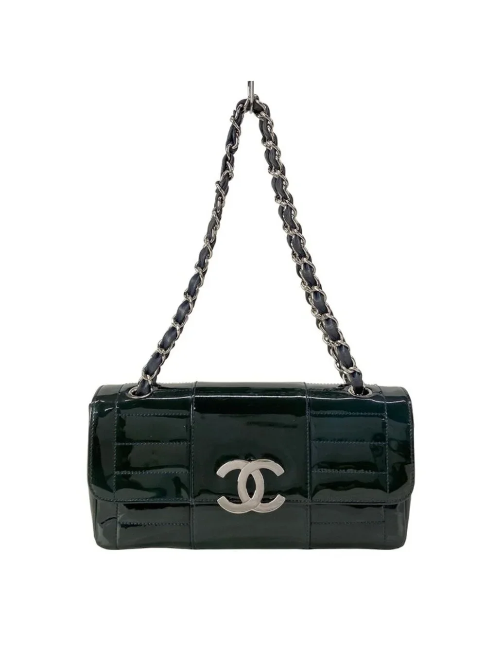 Chanel Shoulder Bag Dark Green Chain Silver Leather